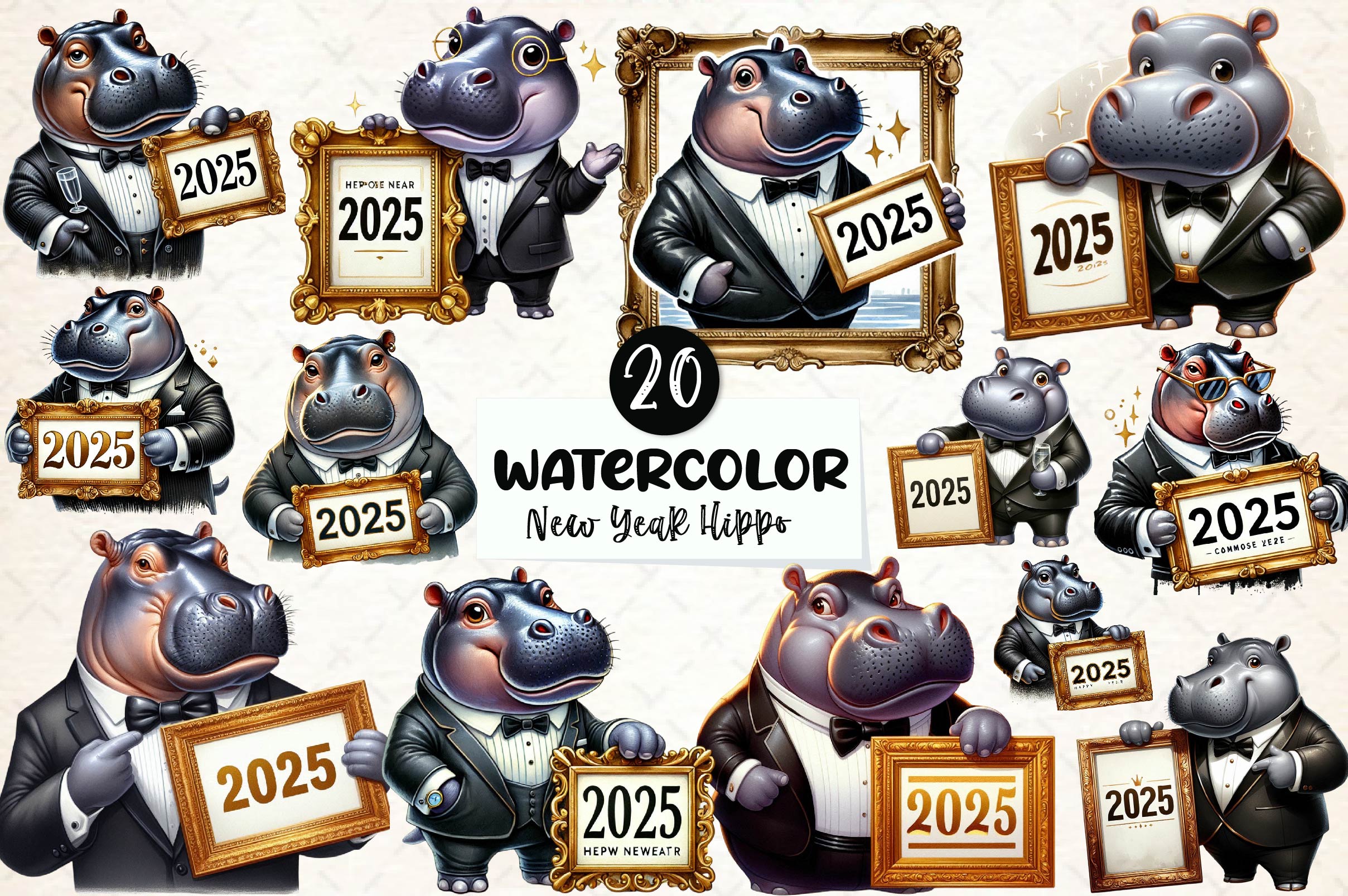 Hippo Happy New Year 2025 Clipart Bundle - CraftNest - Digital Crafting and Art