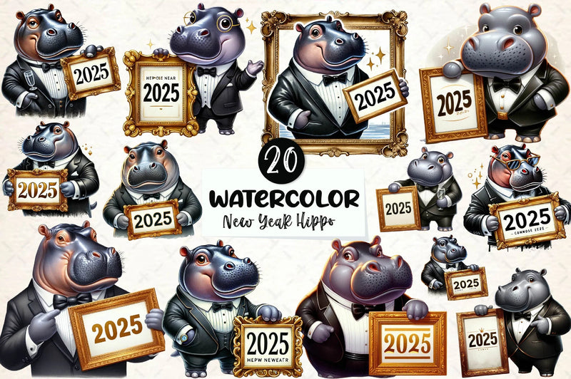 Hippo Happy New Year 2025 Clipart Bundle - CraftNest - Digital Crafting and Art