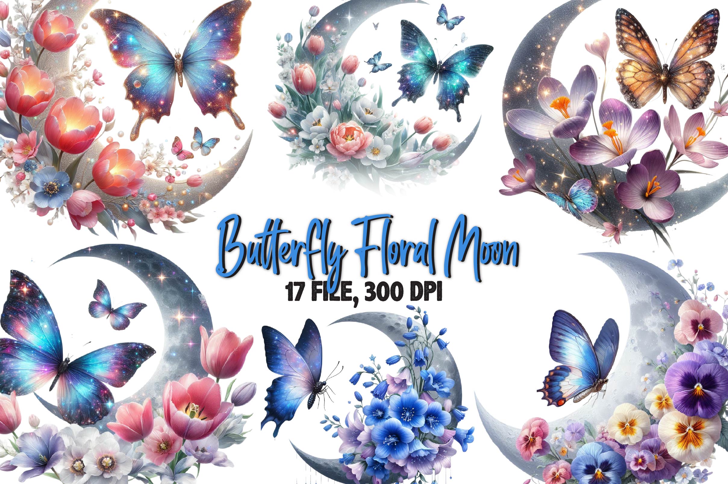 Butterfly With Floral Moon Clipart Bundle - CraftNest - Digital Crafting and Art