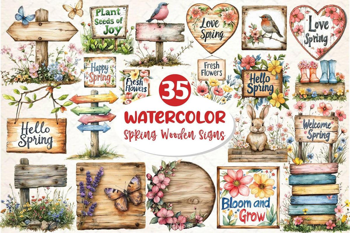 Paper Spring Sign Spring Wooden Signs Clipart Bundle