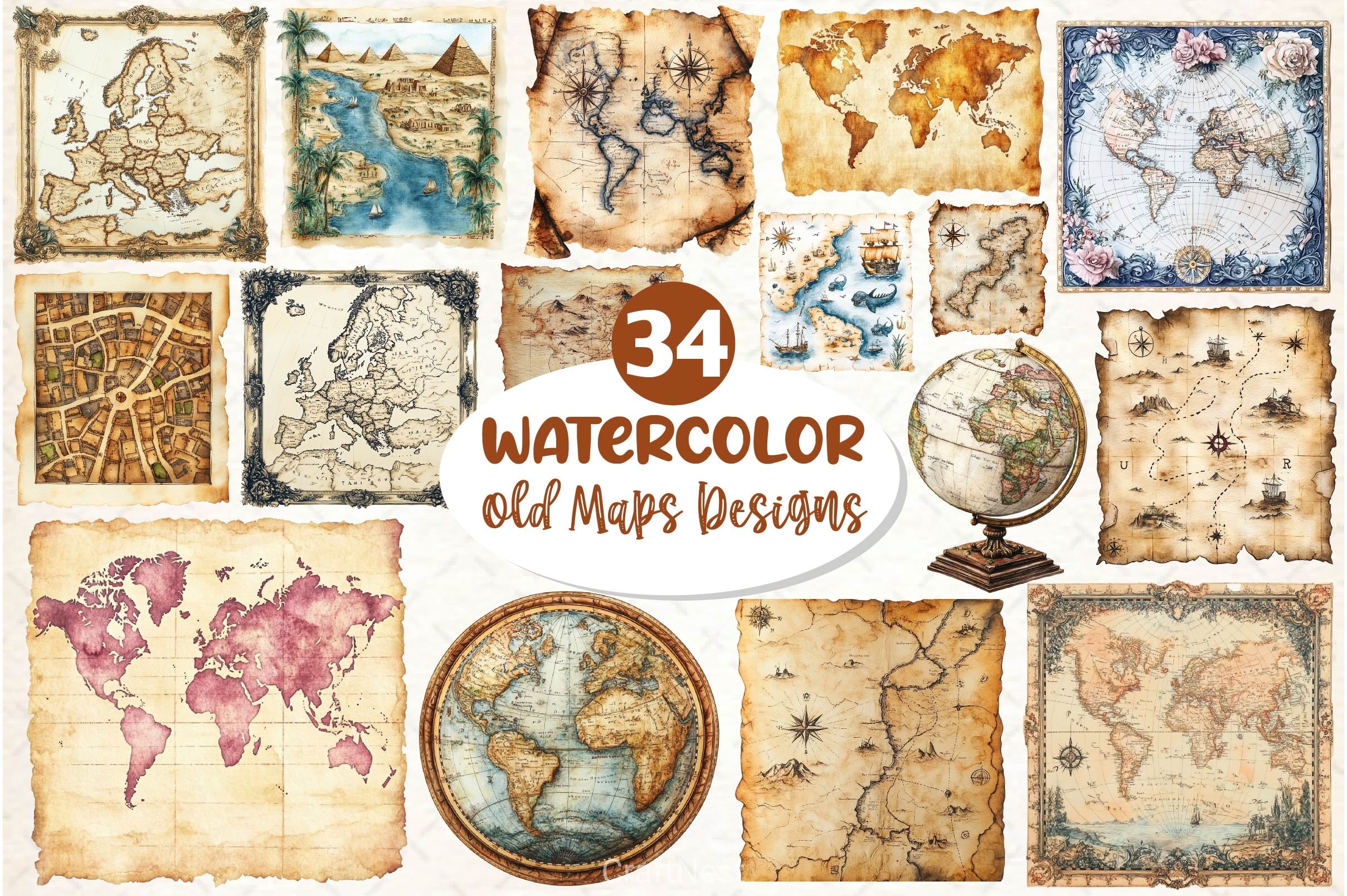 Old Maps Designs Clipart Bundle 2 - CraftNest - Digital Crafting and Art