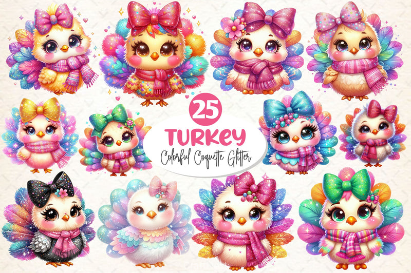 Colorful Coquette Glitter Turkey Clipart Bundle - CraftNest - Digital Crafting and Art
