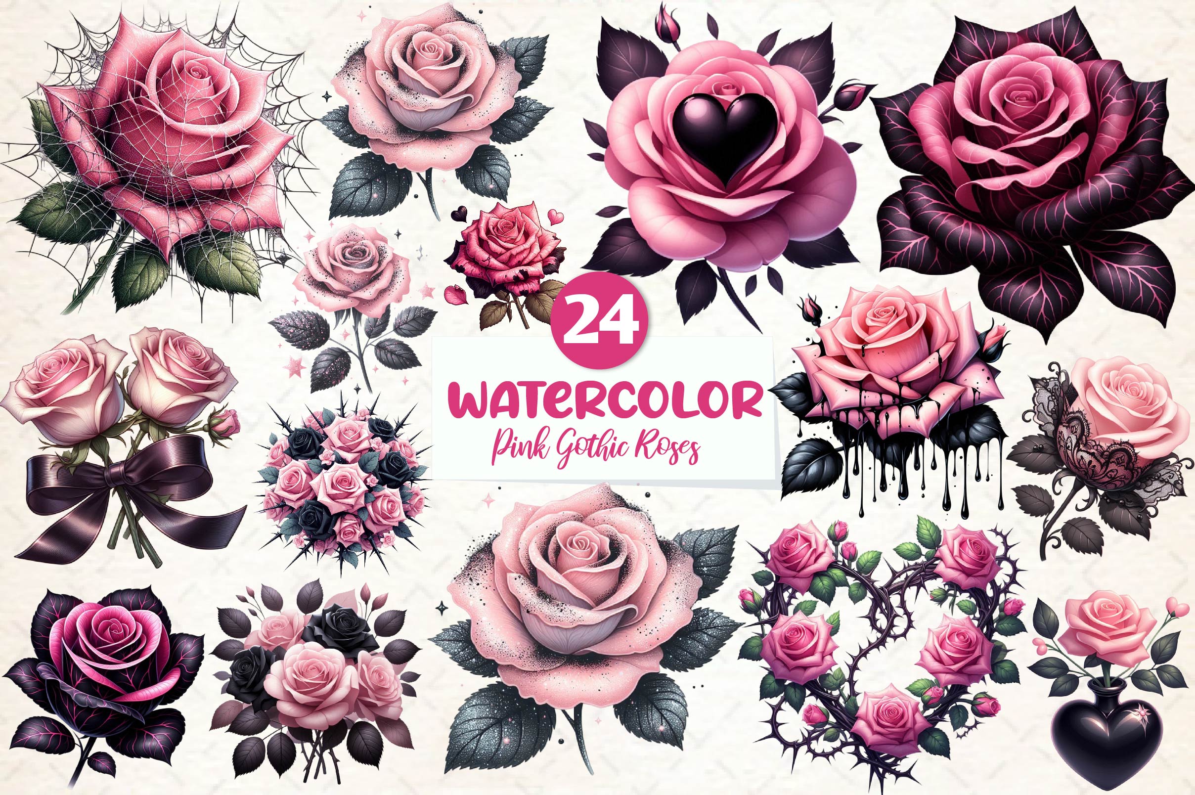 Valentine Pink Gothic Roses Clipart Bundle - CraftNest - Digital Crafting and Art