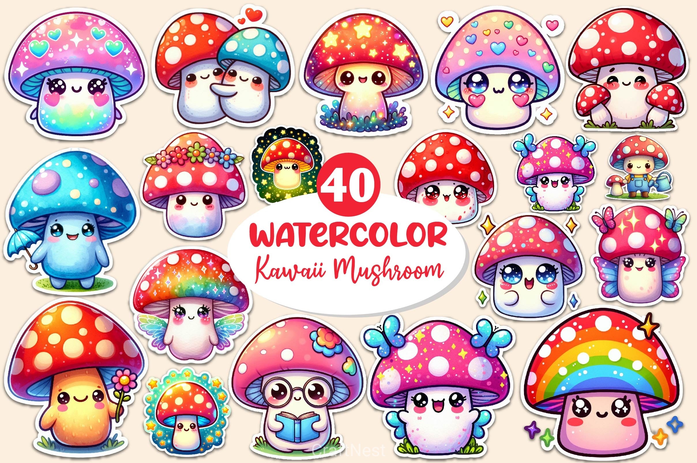 Kawaii Mushroom Clipart Bundle - CraftNest - Digital Crafting and Art