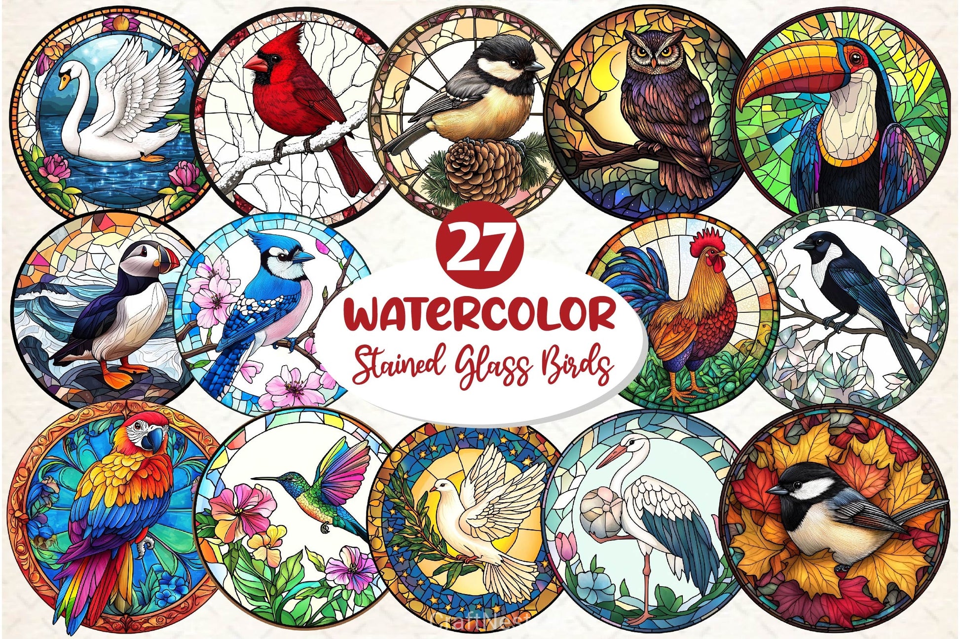 Round Stained Glass Birds Clipart Bundle 3 - CraftNest - Digital Crafting and Art
