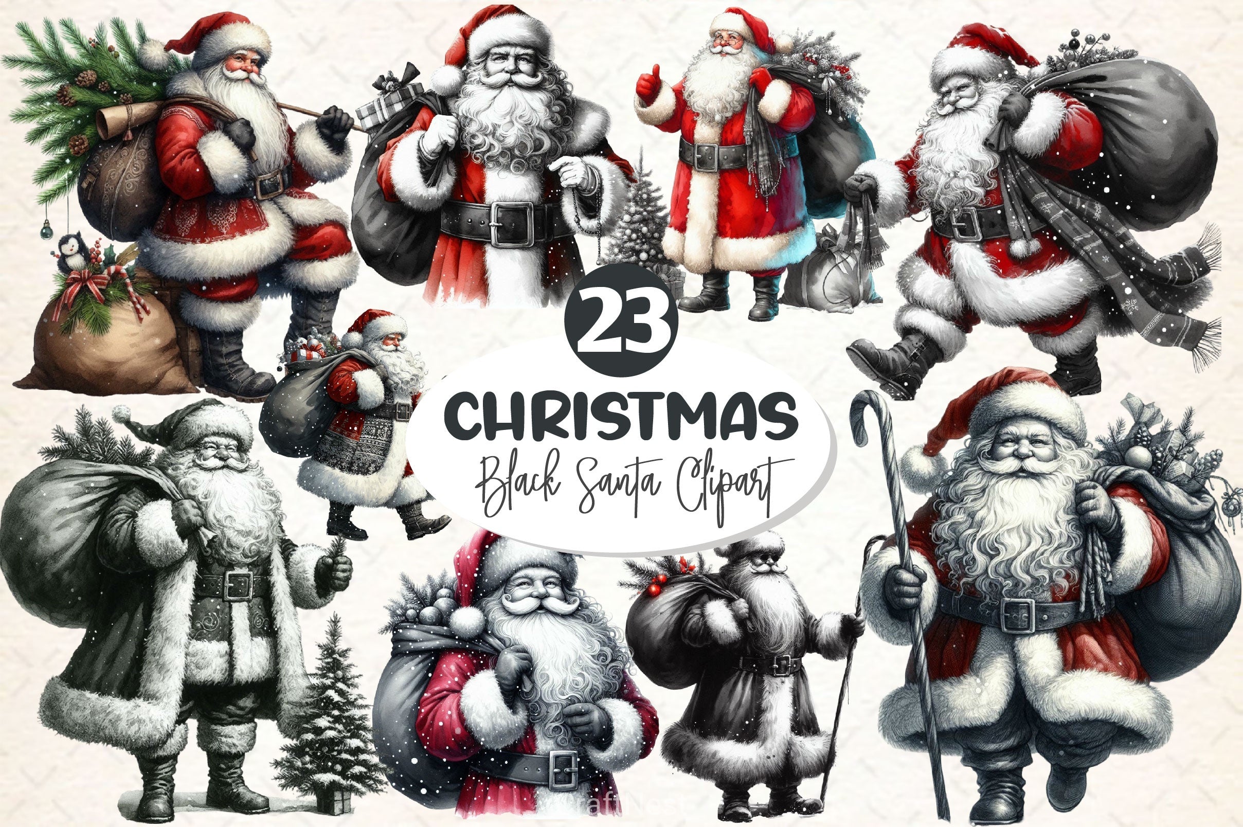 Black And White Santa Clipart Bundle 2 - CraftNest - Digital Crafting and Art