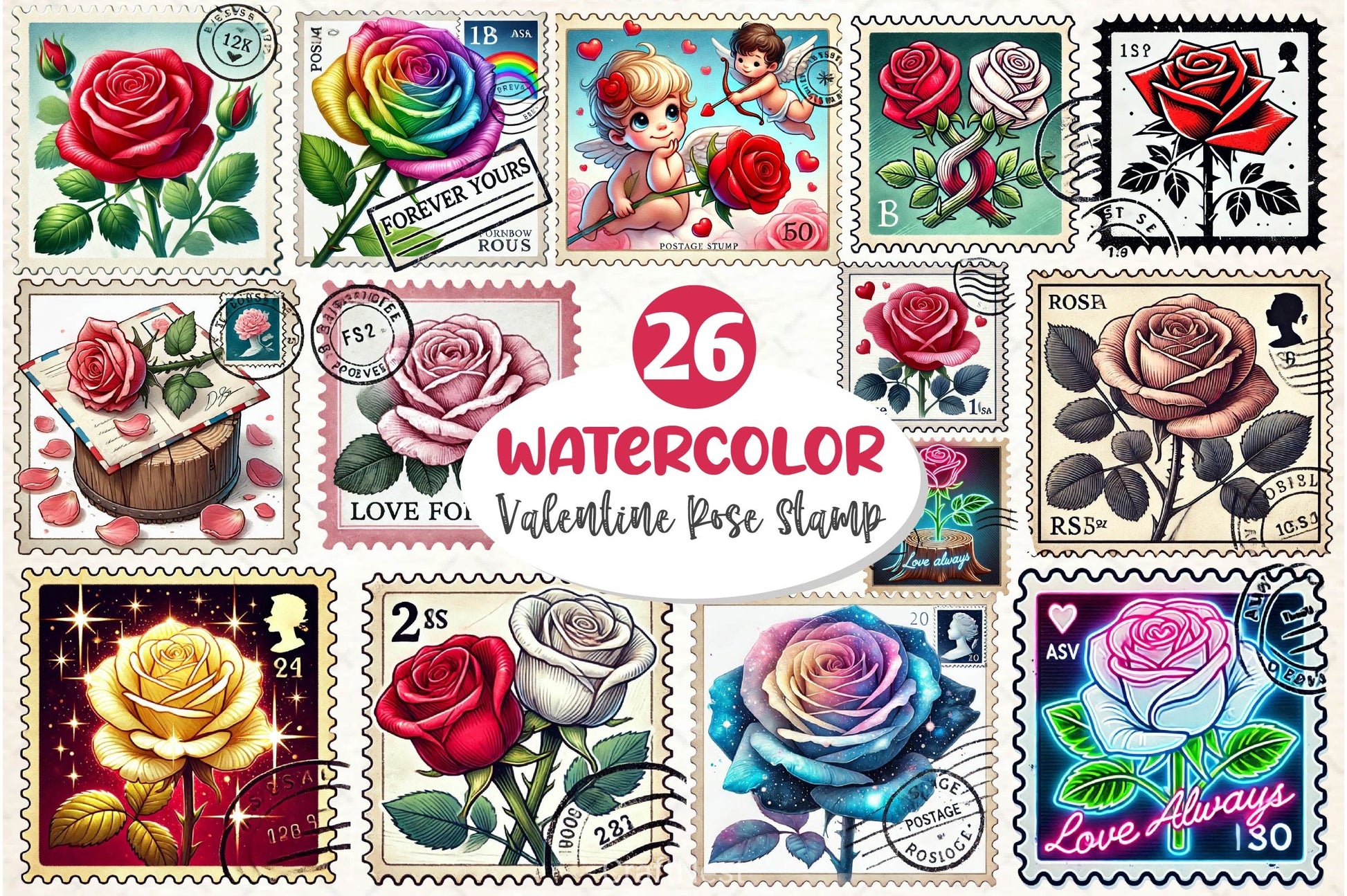 Valentine Rose Postage Stamp Clipart Bundle 2 - CraftNest - Digital Crafting and Art
