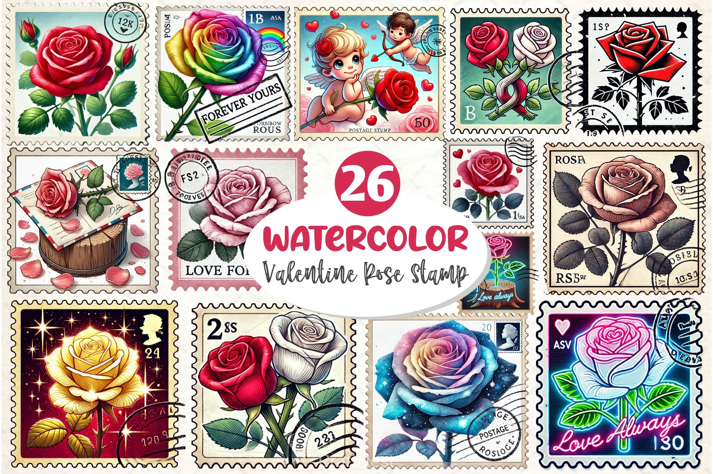 Valentine Rose Postage Stamp Clipart Bundle 2 - CraftNest - Digital Crafting and Art