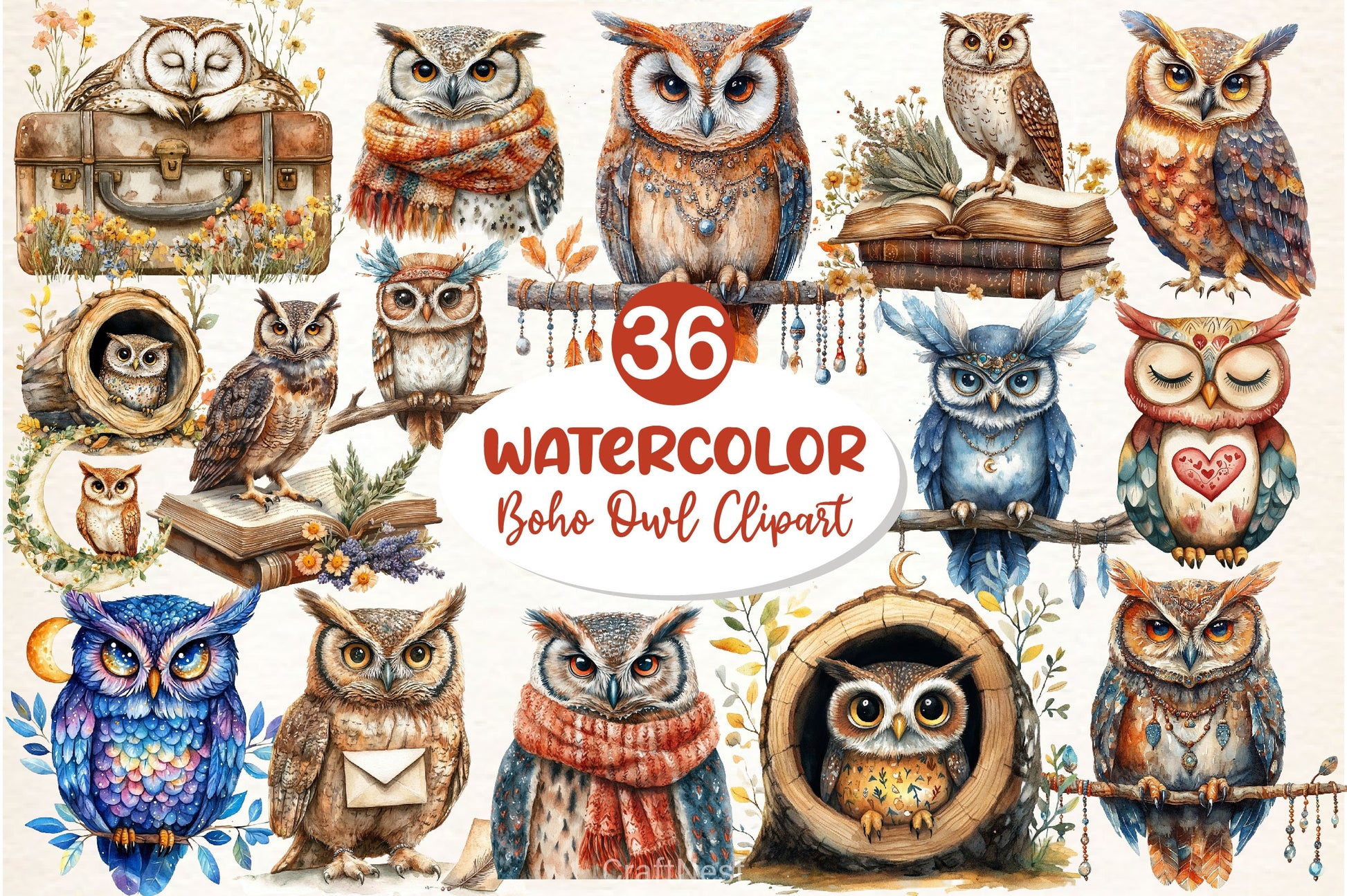 Boho Owl Clipart Bundle - CraftNest - Digital Crafting and Art