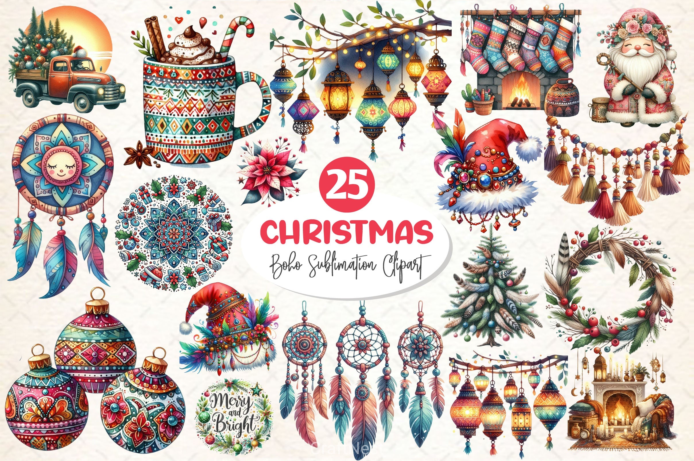 Boho Christmas Clipart Bundle - CraftNest - Digital Crafting and Art