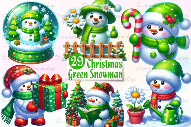 Green Christmas Snowman Clipart Bundle - CraftNest - Digital Crafting and Art