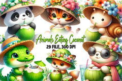Summer Animals Eating Green Coconut Clipart Bundle - CraftNest - Digital Crafting and Art