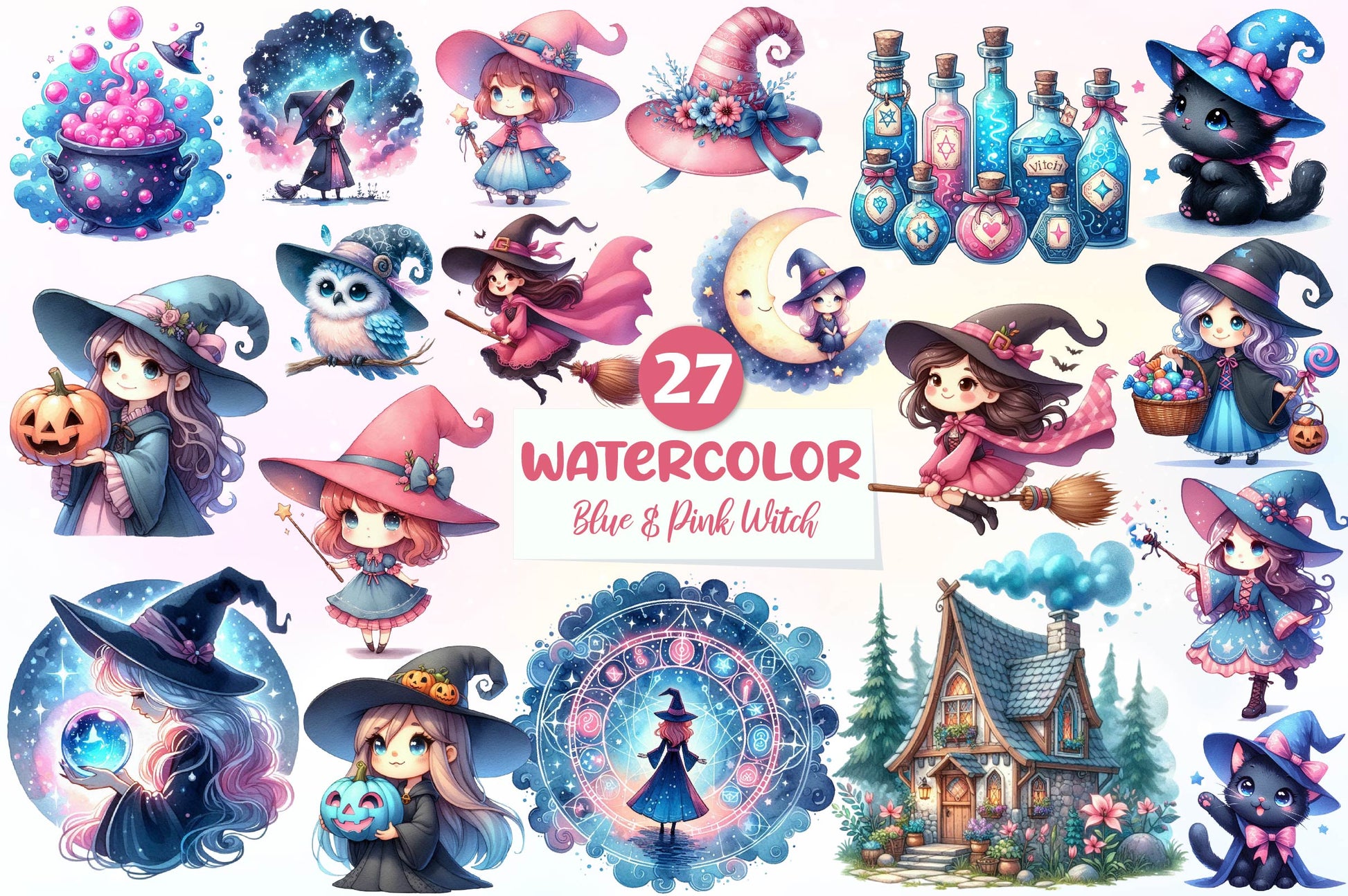 Cute Blue & Pink Witch Clipart Bundle - CraftNest - Digital Crafting and Art