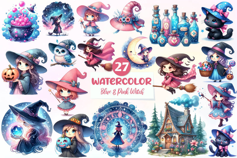 Cute Blue & Pink Witch Clipart Bundle - CraftNest - Digital Crafting and Art