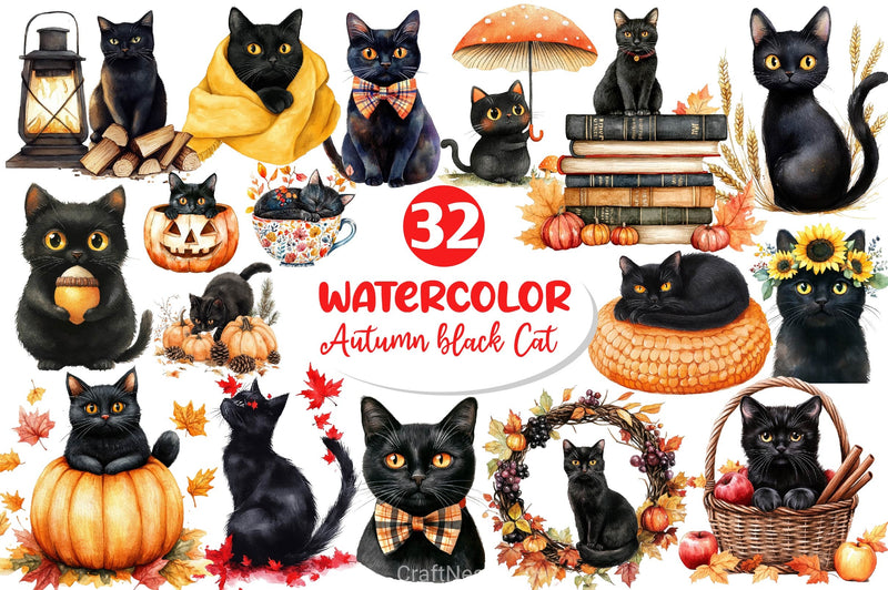 Fall Autumn Black Cat Clipart Bundle - CraftNest - Digital Crafting and Art