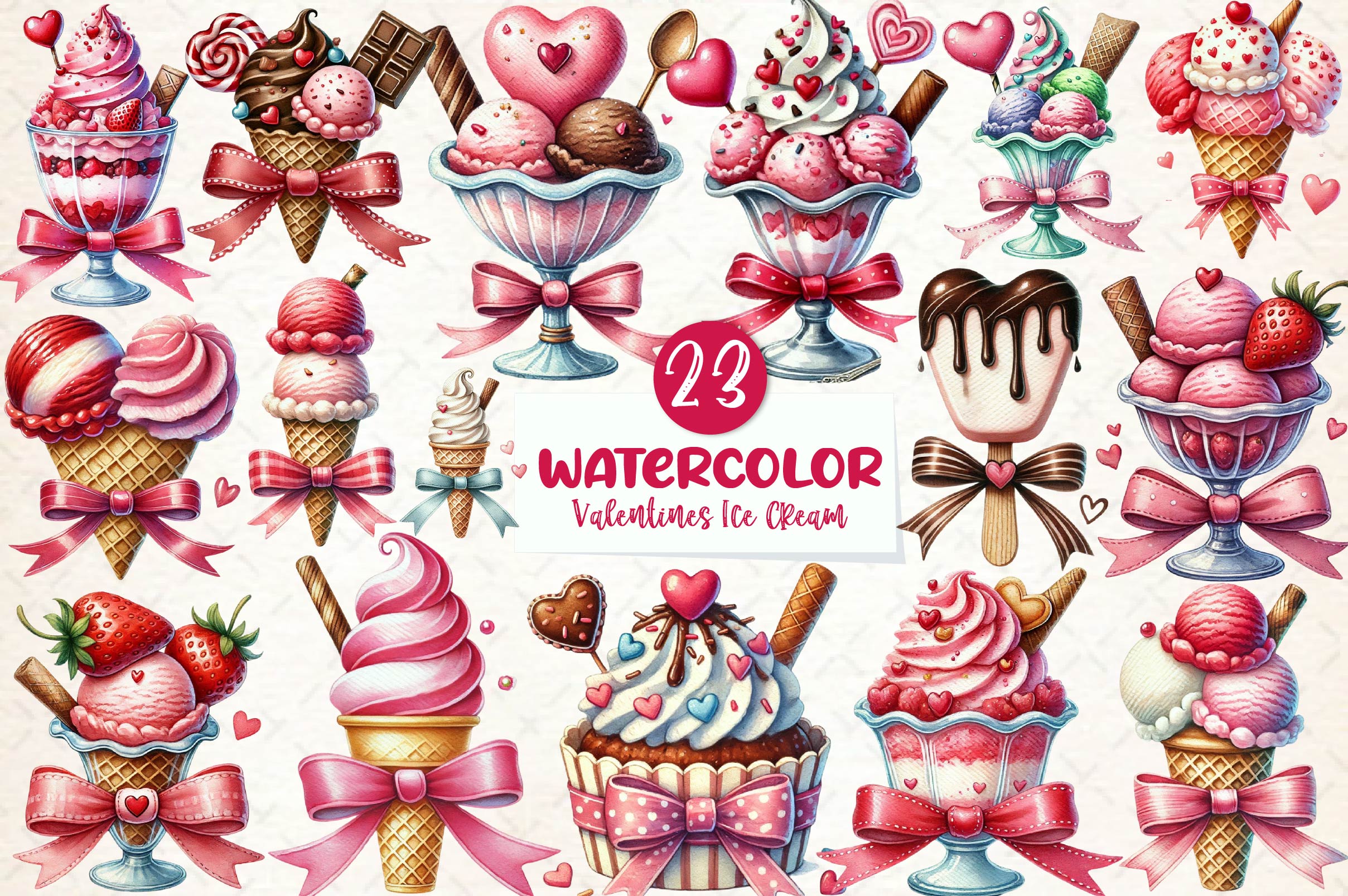 Valentines Ice Cream With Bows Clipart Bundle - CraftNest - Digital Crafting and Art