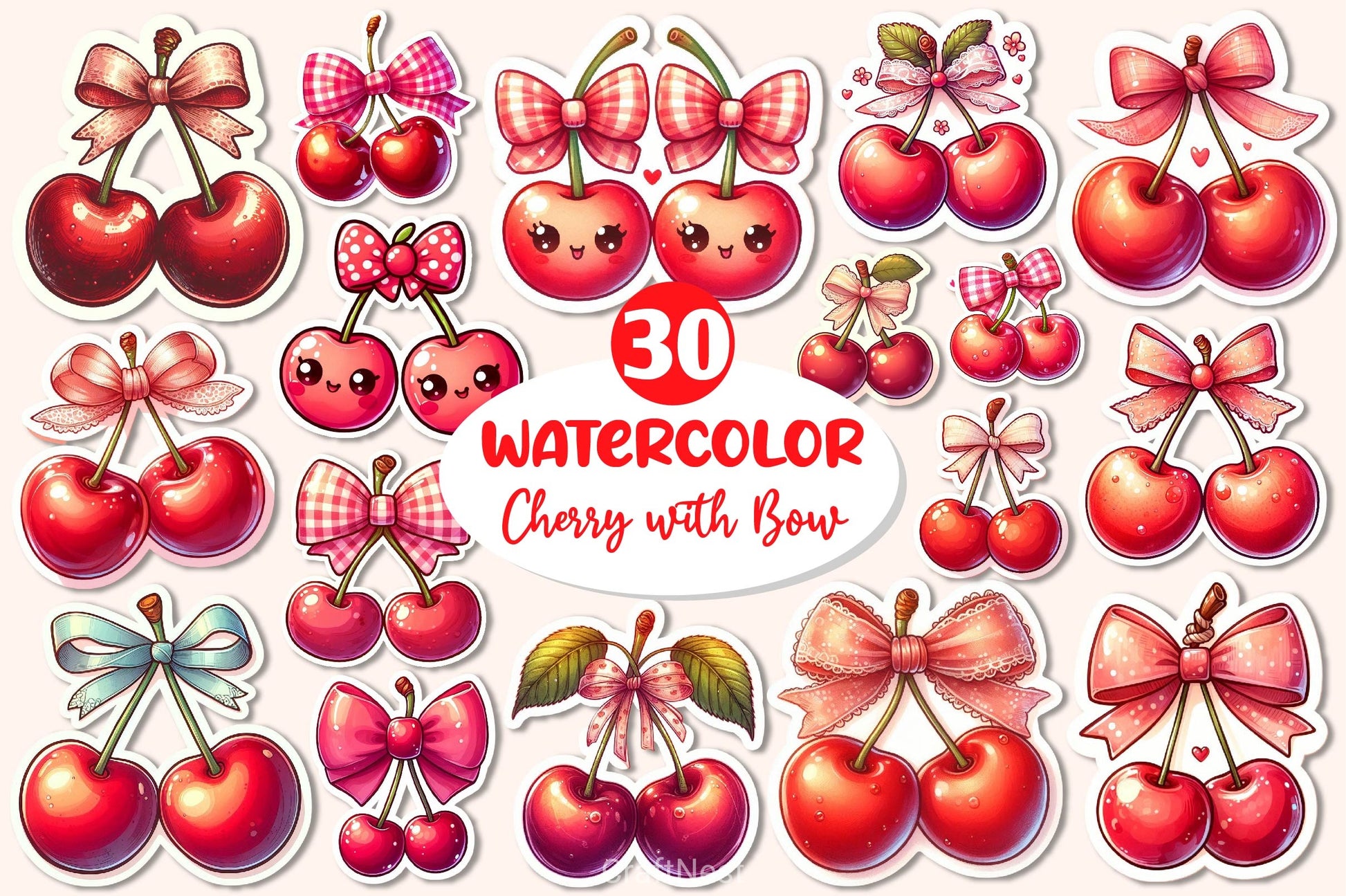 Kawaii Cherry With Bow Clipart Bundle - CraftNest - Digital Crafting and Art