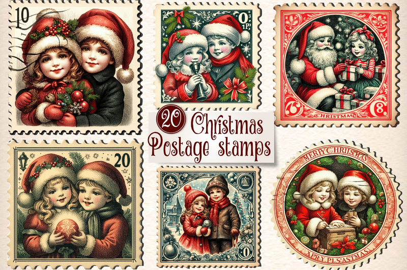 Christmas Girl And Boy Postage Stamps Clipart Bundle - CraftNest - Digital Crafting and Art