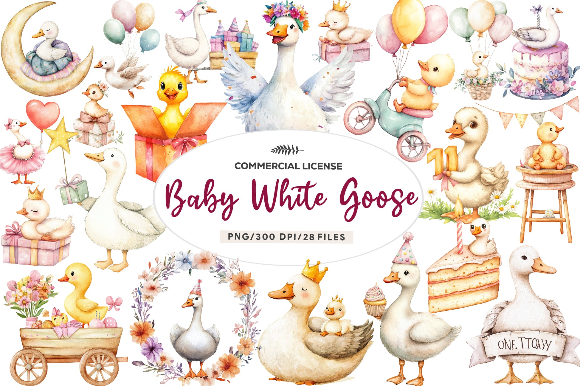 Baby White Goose Birthday Clipart Bundle - CraftNest - Digital Crafting and Art