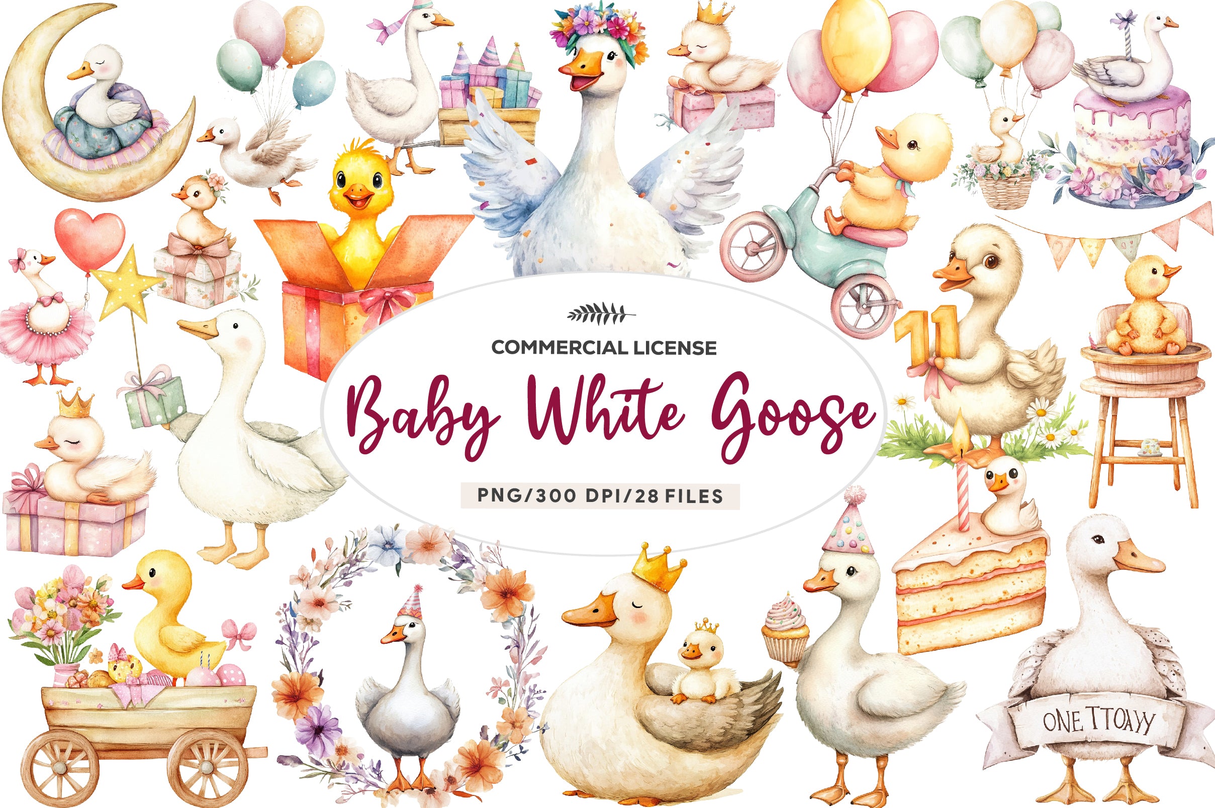 Baby White Goose Birthday Clipart Bundle - CraftNest - Digital Crafting and Art
