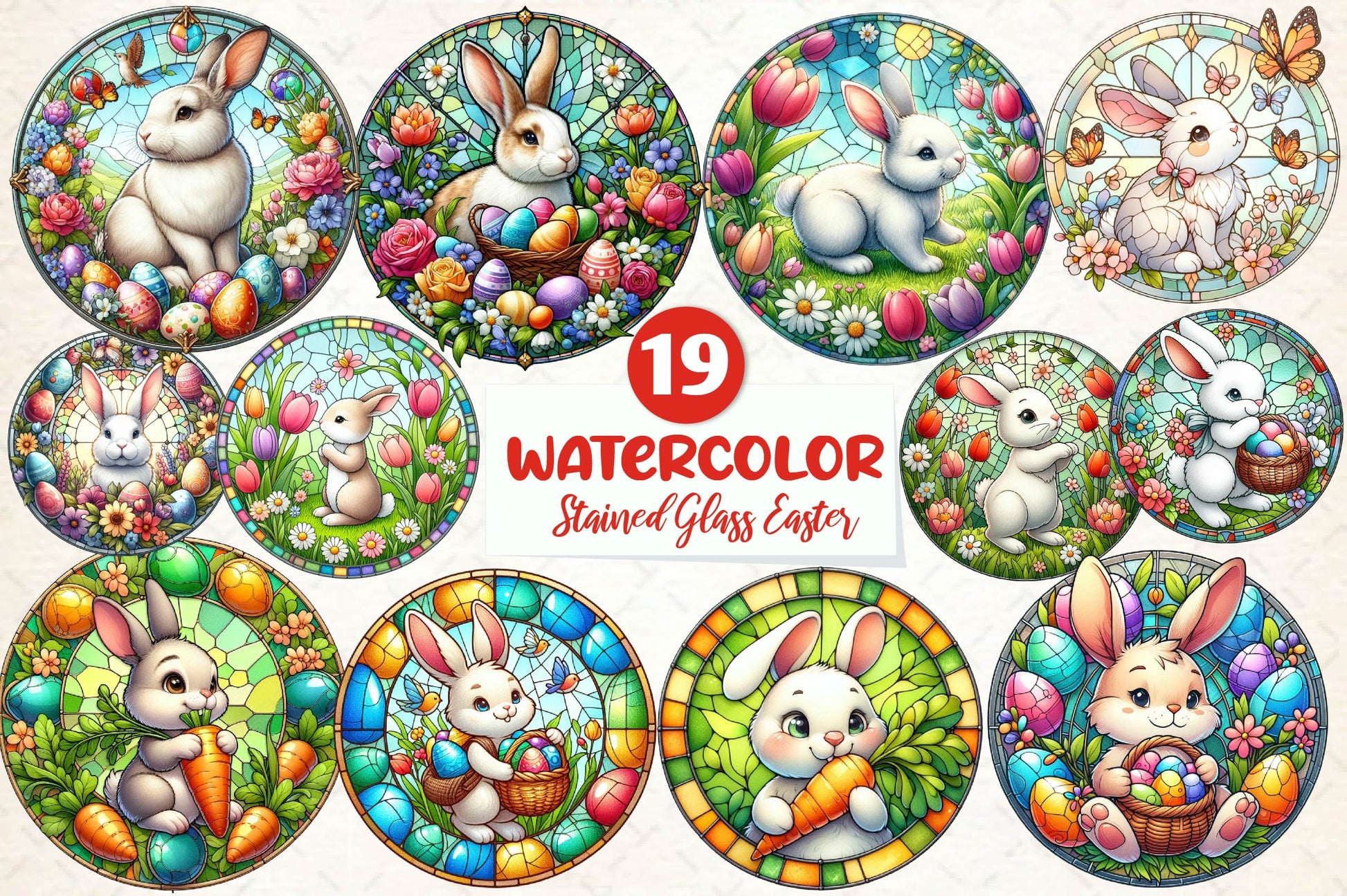 Round Stained Glass Easter Bunny Clipart Bundle - CraftNest - Digital Crafting and Art