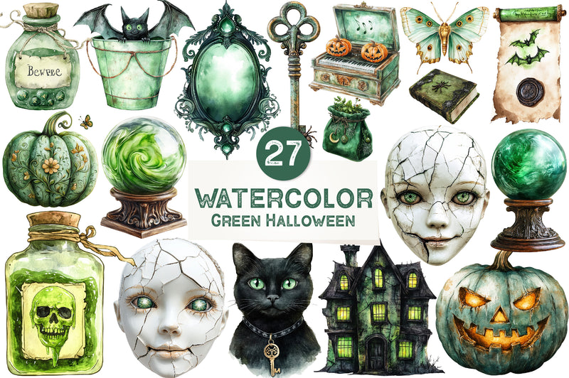 Antique Green Halloween Set Clipart Bundle - CraftNest - Digital Crafting and Art