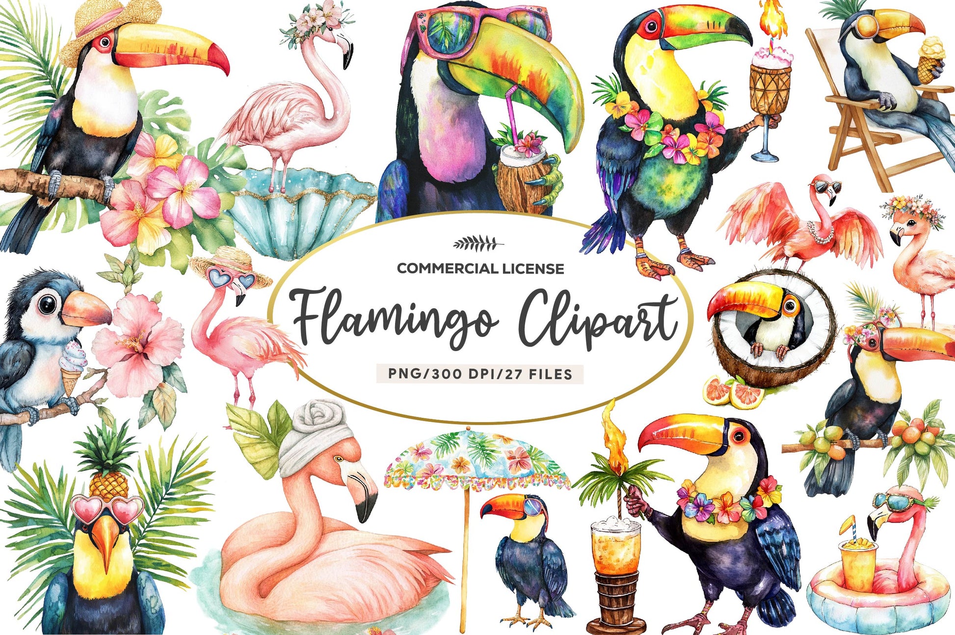 Tropical Toucan And Flamingo Summer Vibes Clipart Bundle - CraftNest - Digital Crafting and Art
