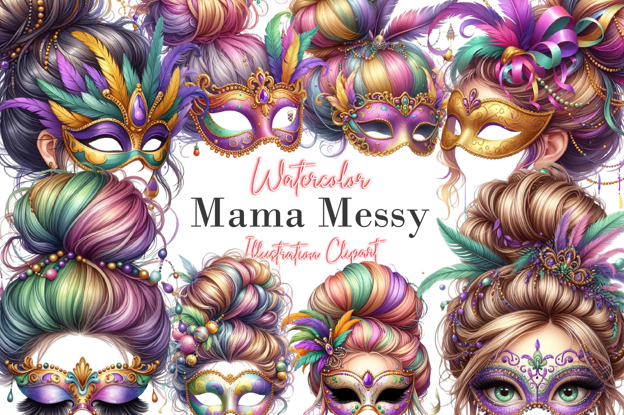 Mardi Gras Mama Messy Bun Clipart Bundle - CraftNest - Digital Crafting and Art