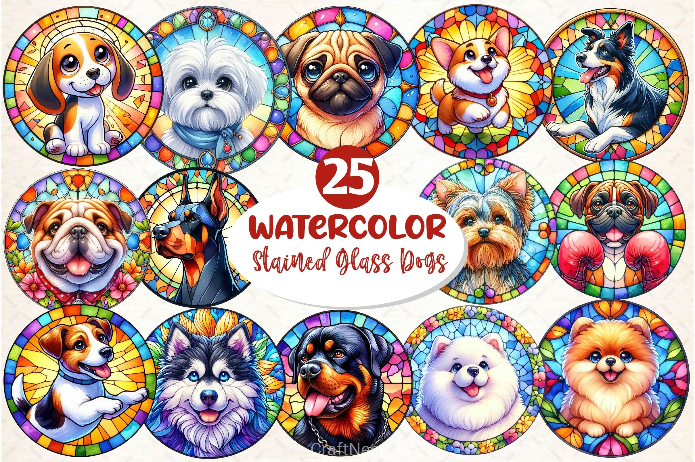 Round Stained Glass Dogs Clipart Bundle - CraftNest - Digital Crafting and Art