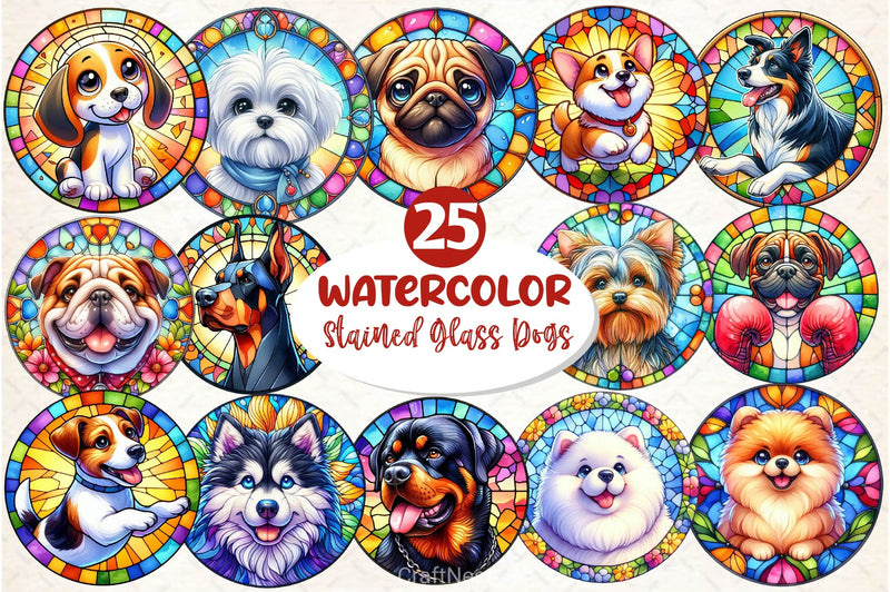 Round Stained Glass Dogs Clipart Bundle - CraftNest - Digital Crafting and Art