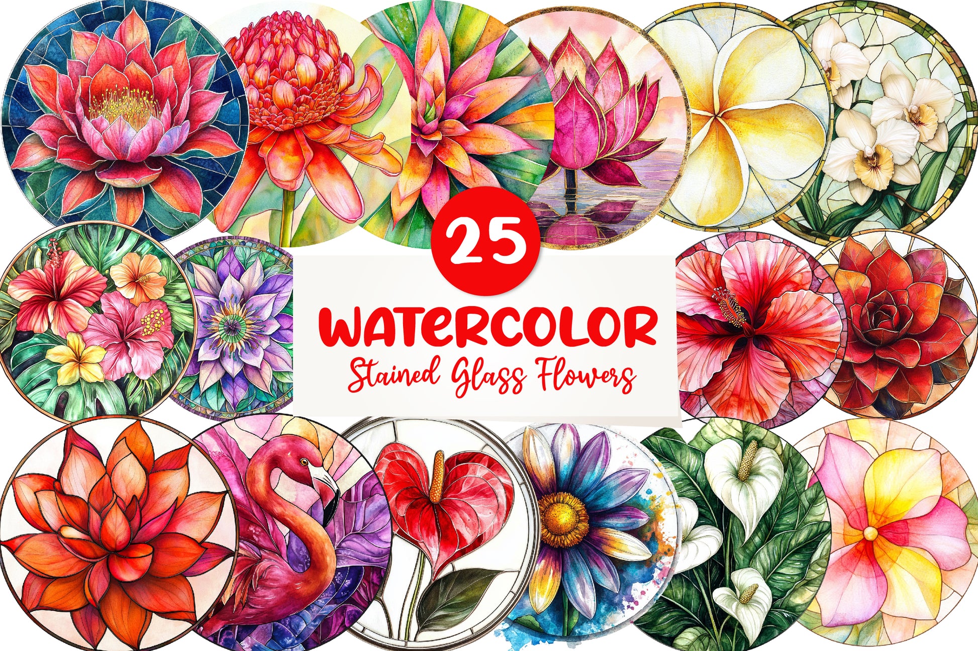 Round Stained Glass Tropical Flowers Clipart Bundle - CraftNest - Digital Crafting and Art