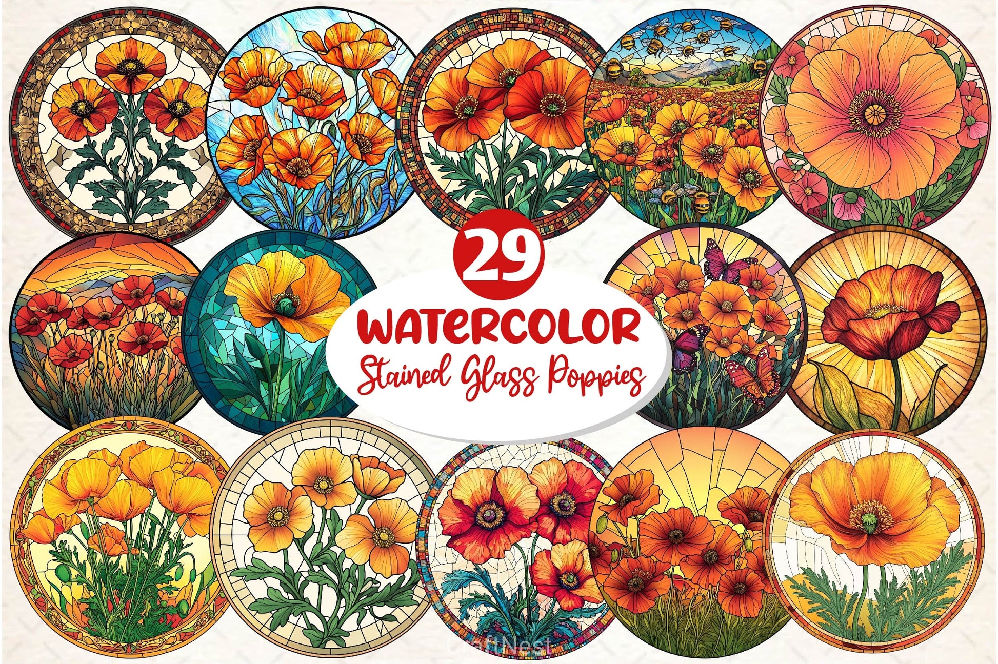 Stained Glass California Poppies Clipart Bundle - CraftNest - Digital Crafting and Art