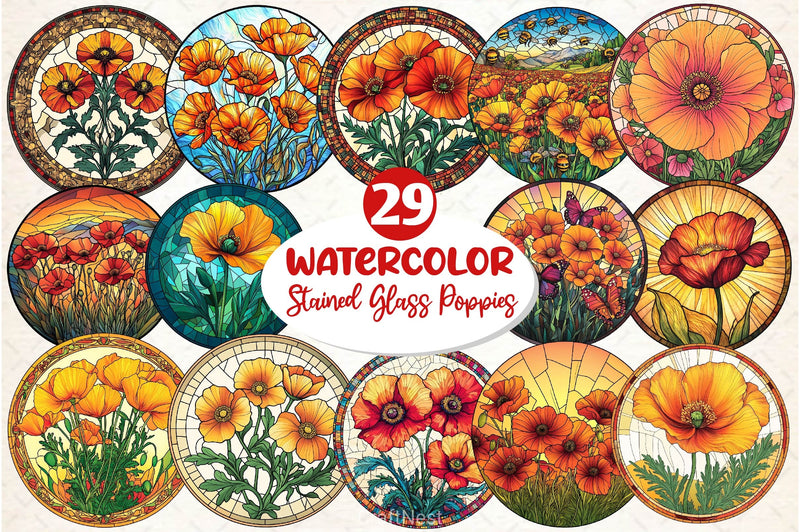 Stained Glass California Poppies Clipart Bundle - CraftNest - Digital Crafting and Art