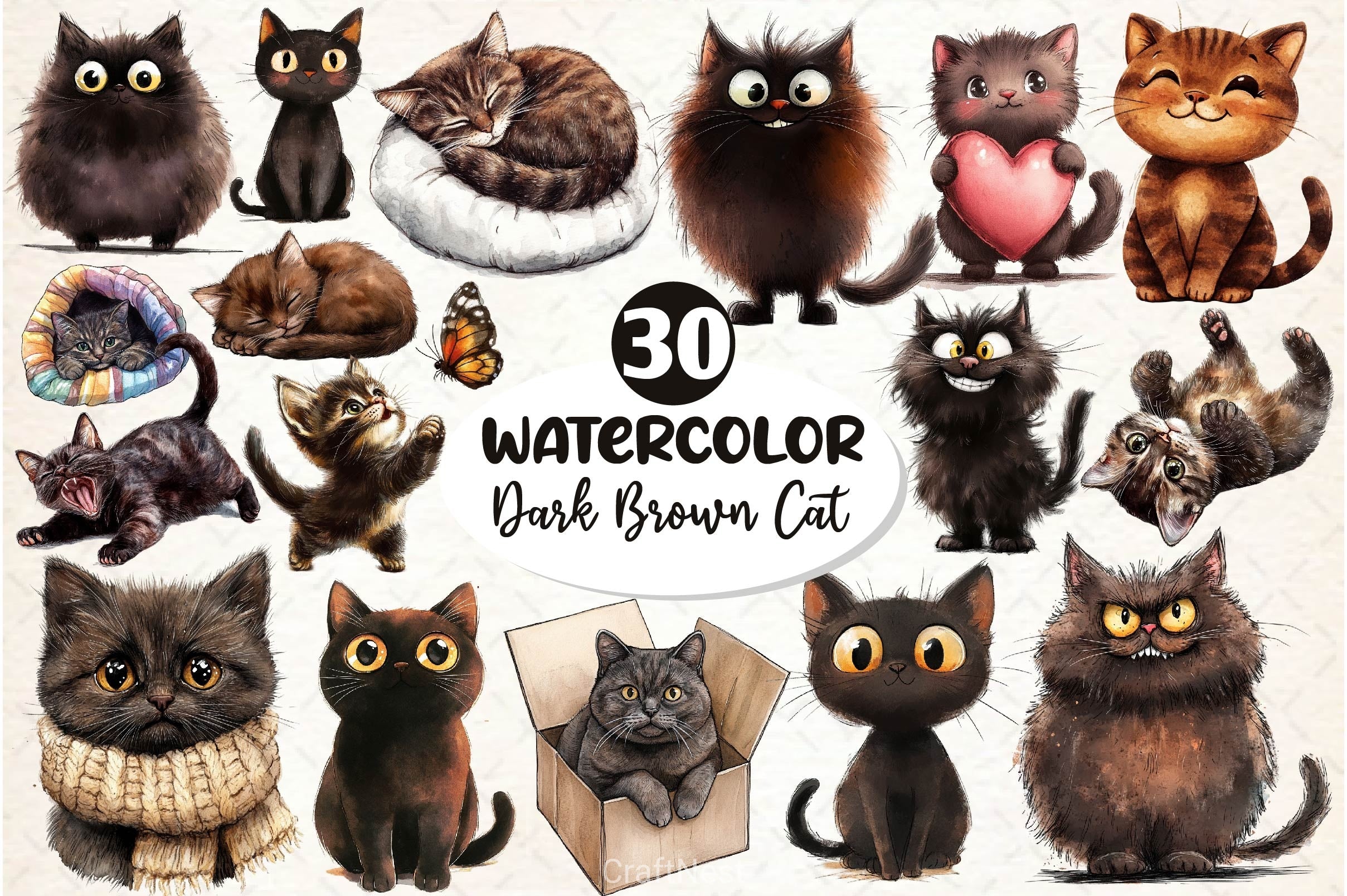 Cute Dark Brown Cat Clipart Bundle - CraftNest - Digital Crafting and Art