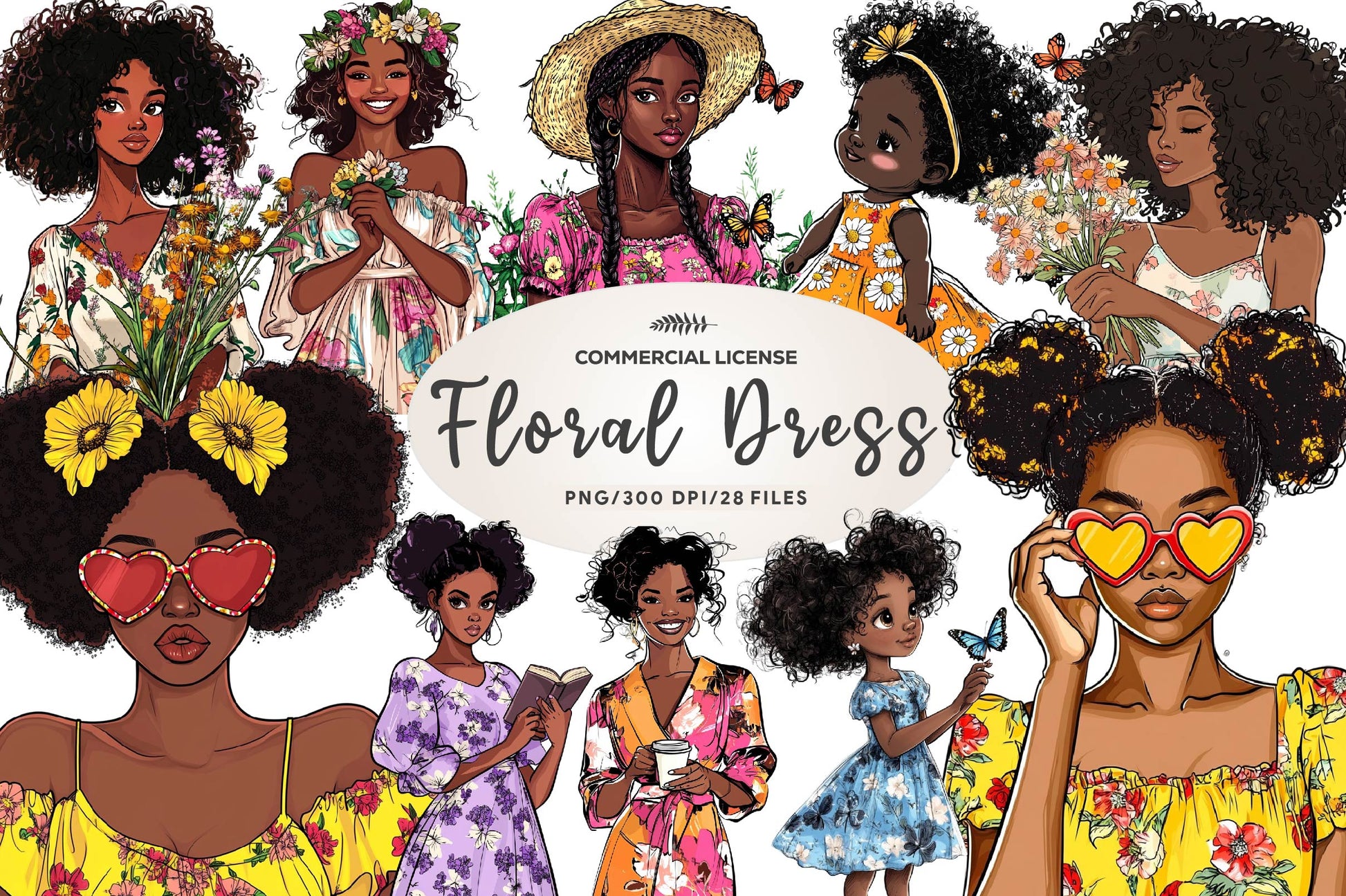 Floral Dress Black Girls Clipart Bundle - CraftNest - Digital Crafting and Art