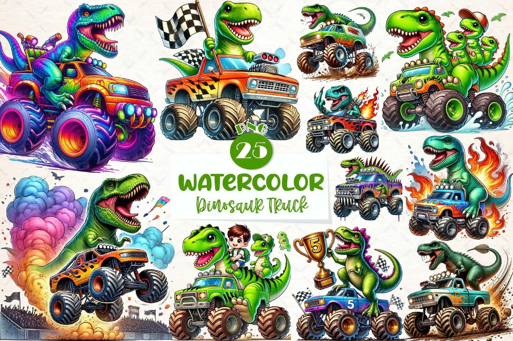 T Rex Dinosaur Monster Truck Clipart Bundle - CraftNest - Digital Crafting and Art