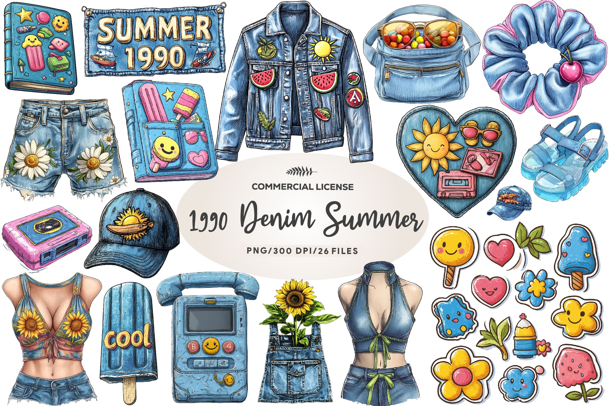 1990 Denim Summer Clipart Bundle - CraftNest - Digital Crafting and Art