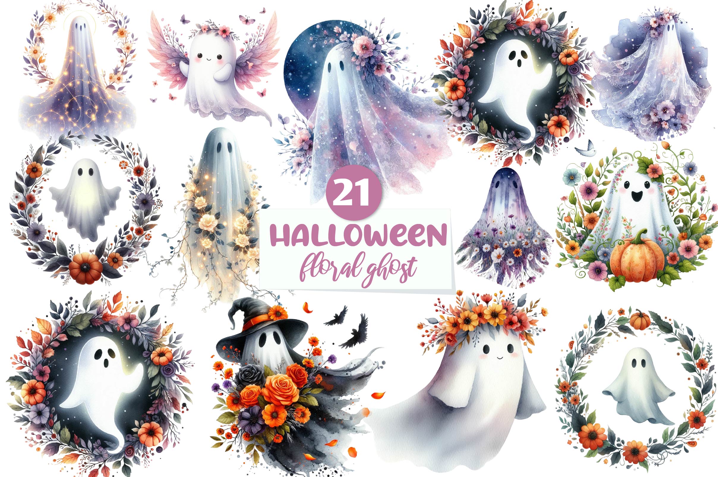 Halloween Floral Ghost Clipart Bundle - CraftNest - Digital Crafting and Art