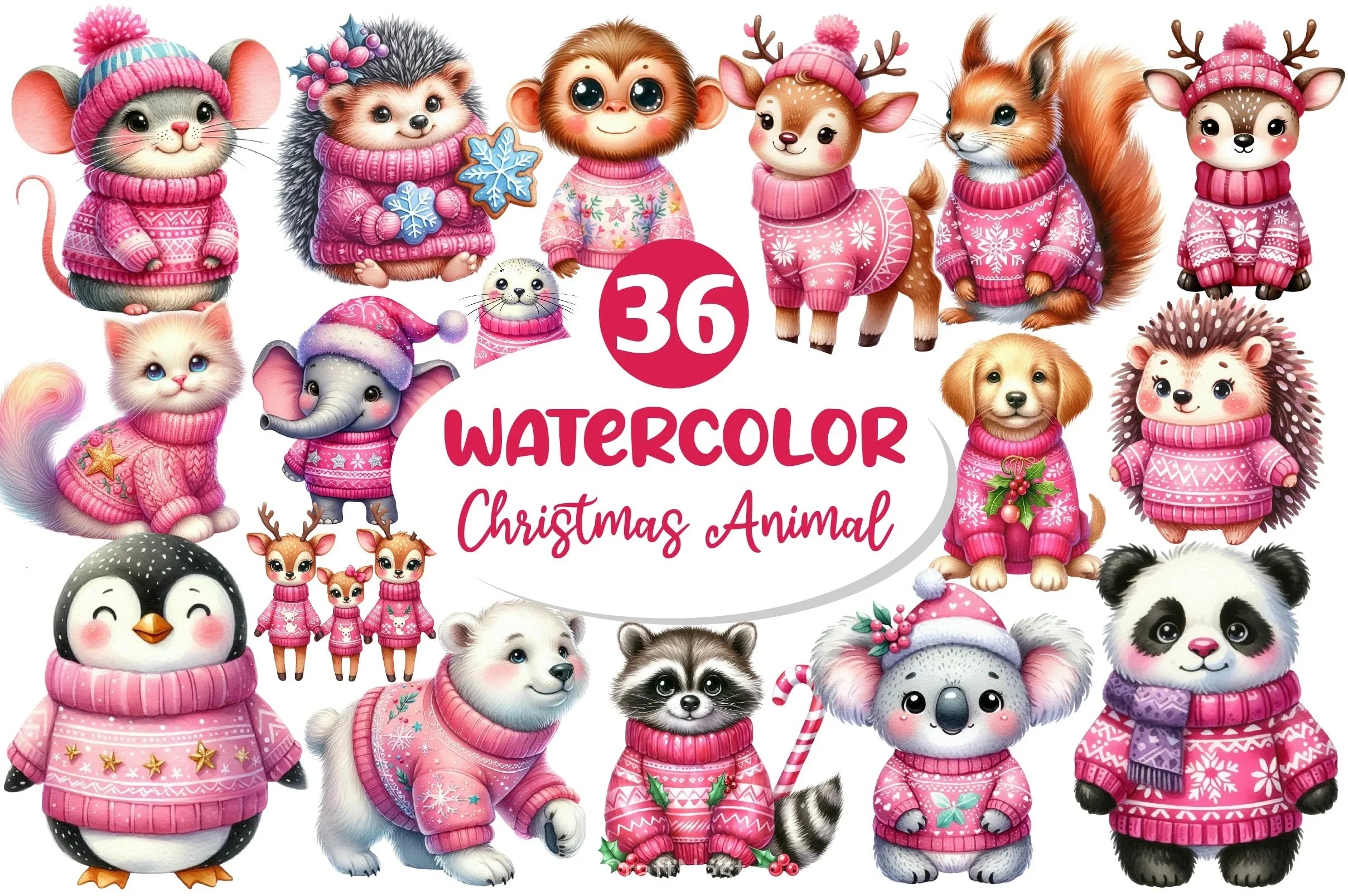 Pink Animals Christmas Clipart Bundle - CraftNest - Digital Crafting and Art