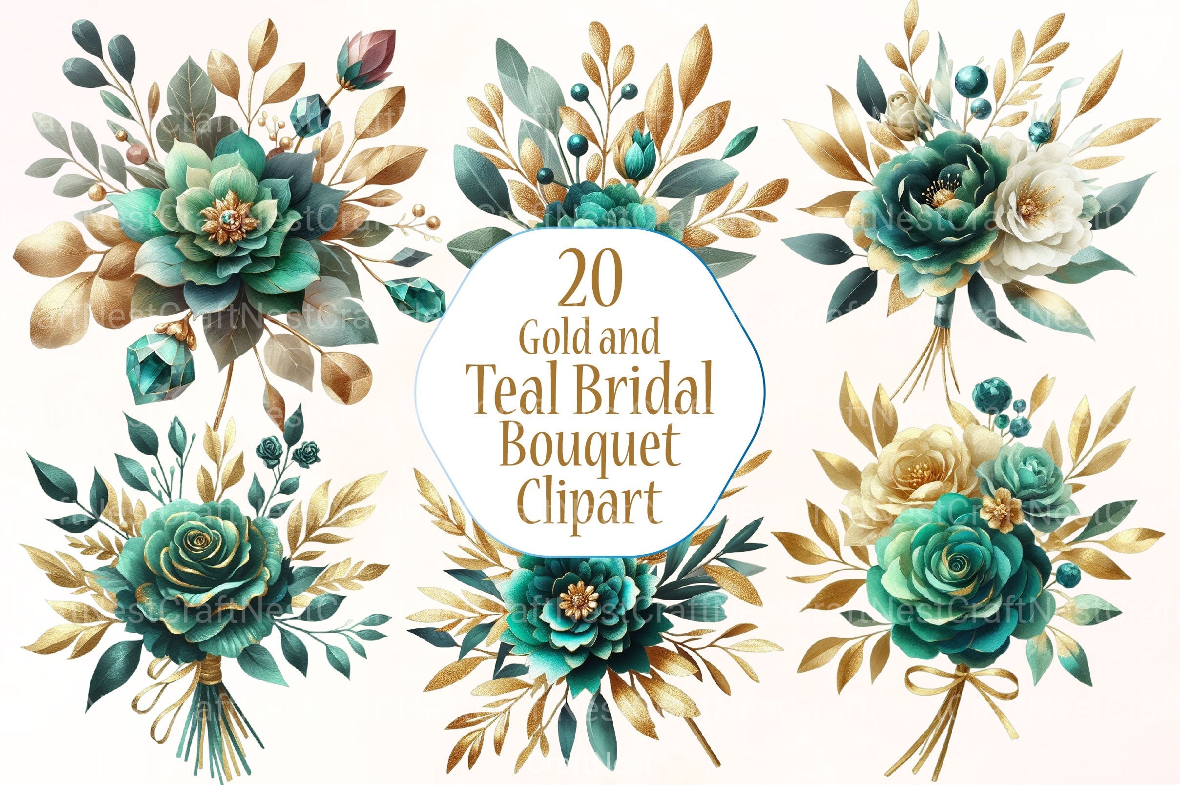 Gold and Teal Bridal Bouquet Clipart Bundle - CraftNest - Digital Crafting and Art