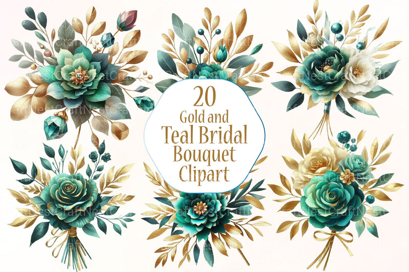 Gold and Teal Bridal Bouquet Clipart Bundle - CraftNest - Digital Crafting and Art