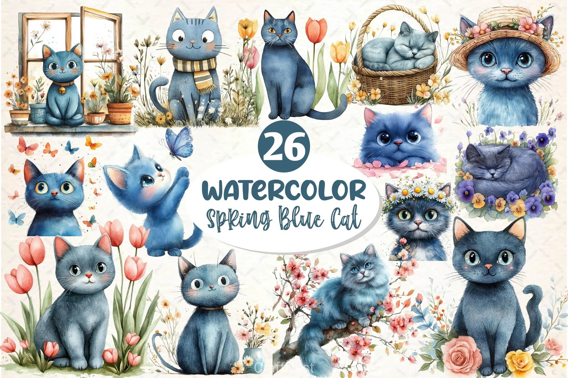Spring Blue Cat Clipart Bundle - CraftNest - Digital Crafting and Art