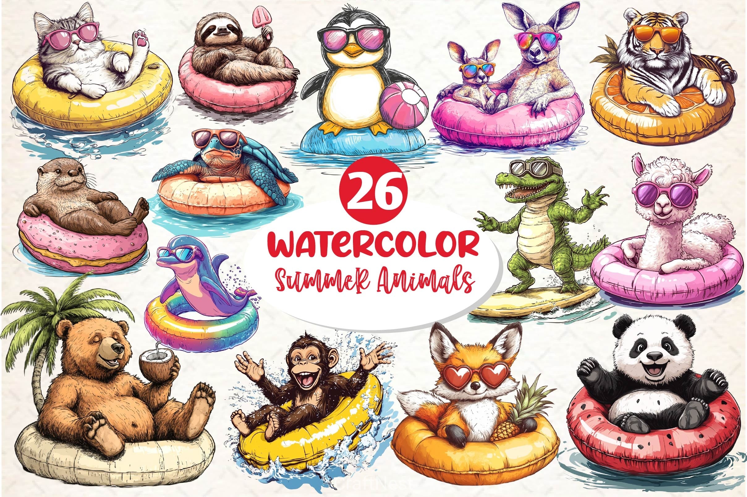 Summer Animals On Float Clipart Bundle 7 - CraftNest - Digital Crafting and Art