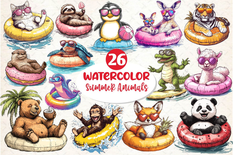 Summer Animals On Float Clipart Bundle 7 - CraftNest - Digital Crafting and Art