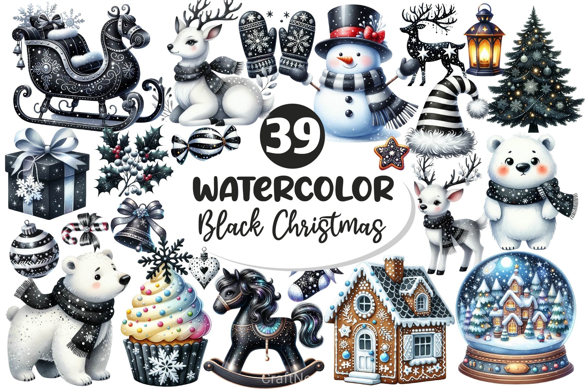 Black And White Christmas Clipart Bundle 2 - CraftNest - Digital Crafting and Art