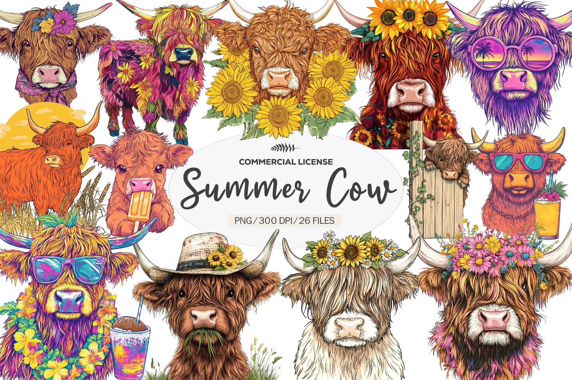 Summer Highland Cow Clipart Bundle - CraftNest - Digital Crafting and Art