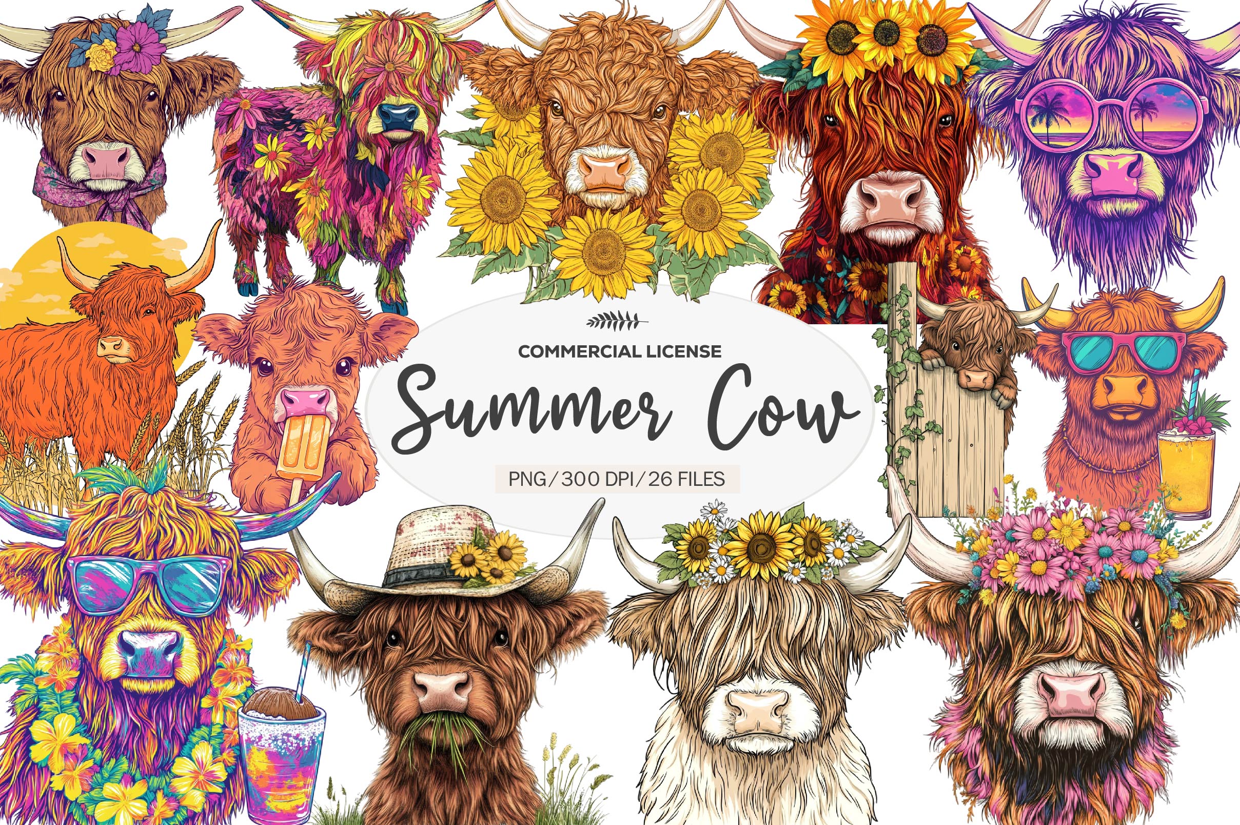Summer Highland Cow Clipart Bundle - CraftNest - Digital Crafting and Art