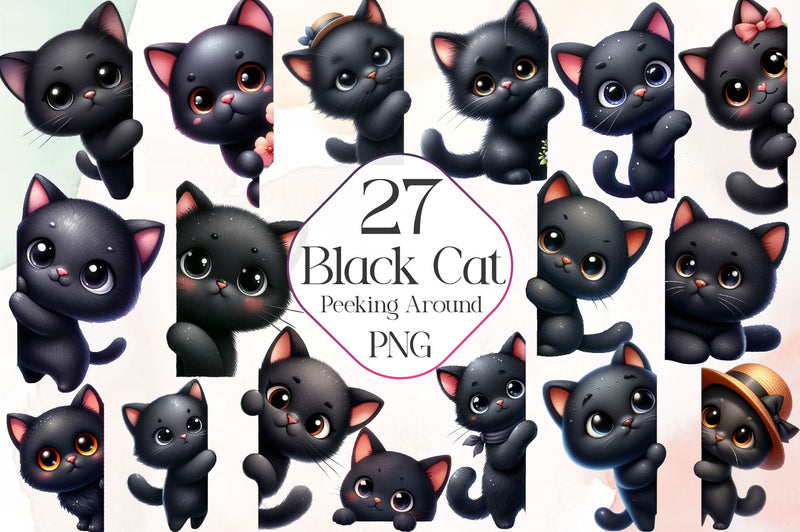 Black Cat Peeking Around Corner Clipart Bundle - CraftNest - Digital Crafting and Art