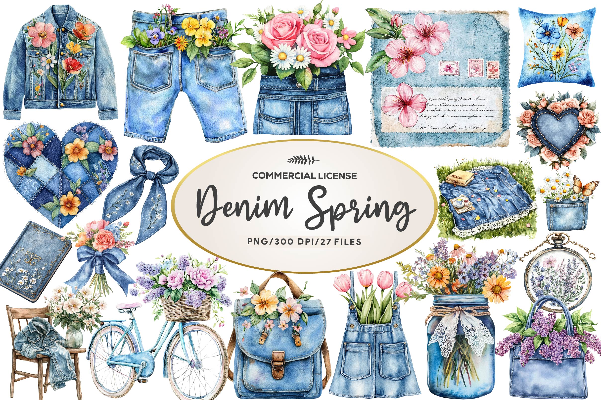 Vintage Denim Spring Clipart Bundle - CraftNest - Digital Crafting and Art