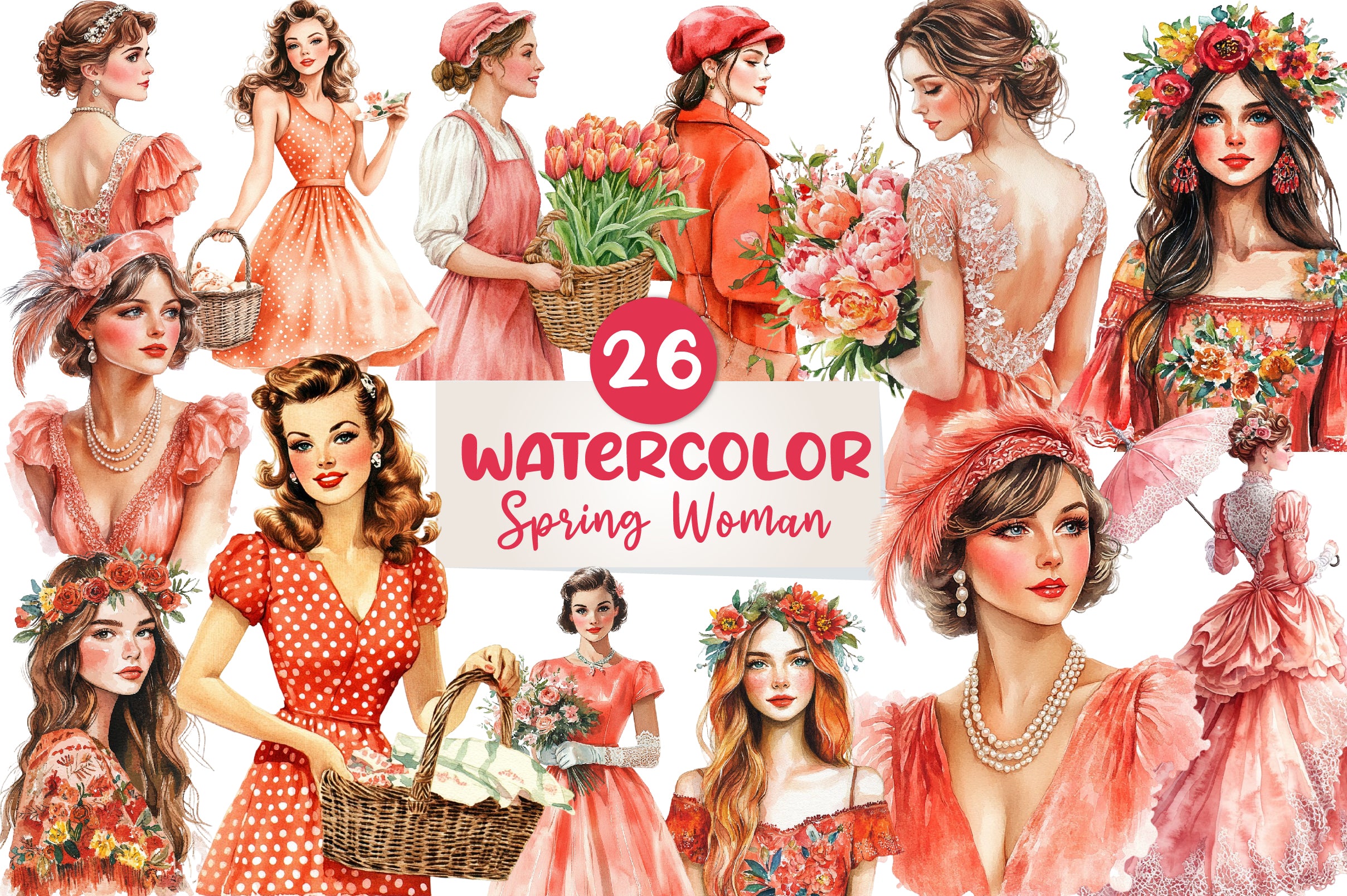 Coral Spring Vintage Woman Clipart Bundle - CraftNest - Digital Crafting and Art
